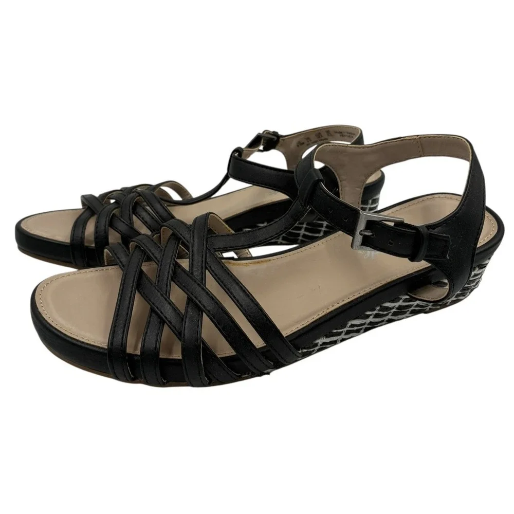 Life Stride Wedge Heel Sandals Ankle Strap Black Feather ‎ 8.5